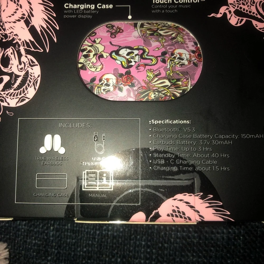 ‼️ED HARDY True Wireless Earbuds with Pink Pattern - Wireless Charging Case
